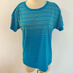 Westport 1962 Turquoise Rhinestone Cold Shoulder Short Sleeve Top Size Small